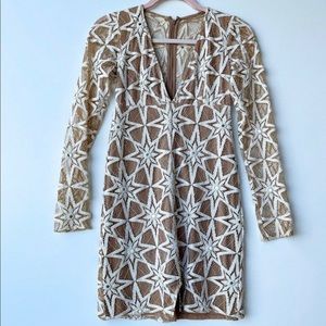 For Love & Lemons Women's Sz XS Metz Mini Long Sleeve Latte Star Beige Dress